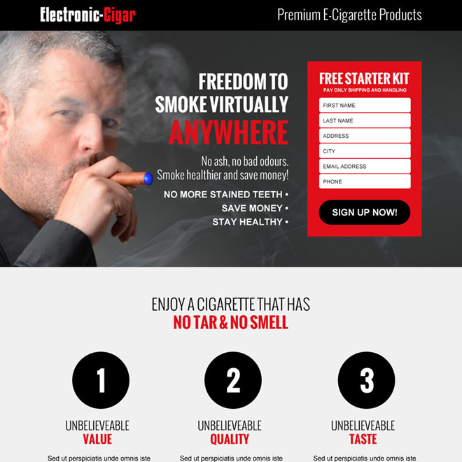 electronic cigarette free kit selling responsive landing page design