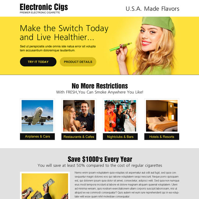 electronic cigarette call to action responsive landing page design to boost your sales E Cigarette example