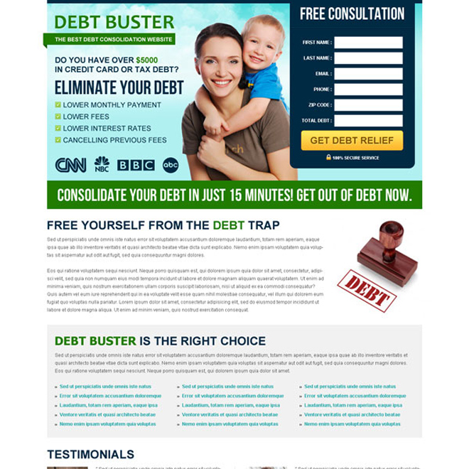 eliminate your debt converting lead capture landing page design Debt example