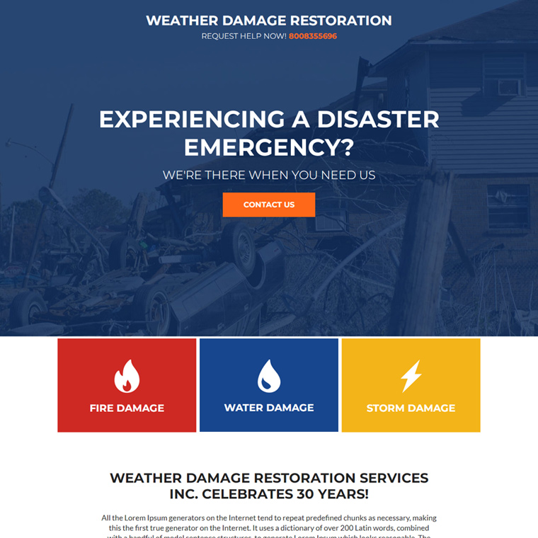 weather damage restoration responsive lead capture landing page Damage Restoration example