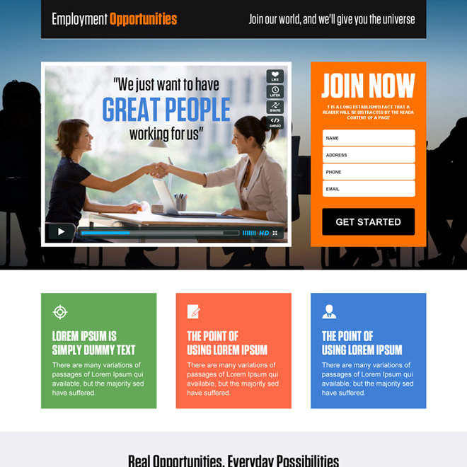 employment opportunities video responsive lead capture landing page design