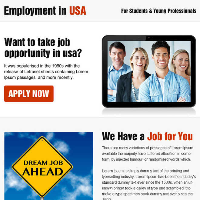 employment opportunity in usa ppv landing page design