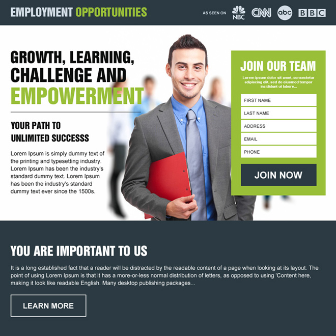 employment opportunity responsive lead generating landing page design Employment Opportunity example