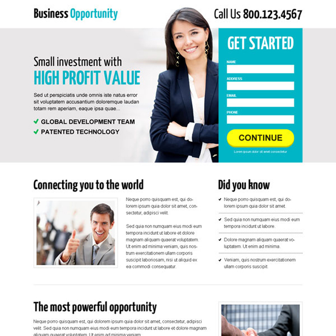 excellent business opportunity lead capture landing page design Business Opportunity example