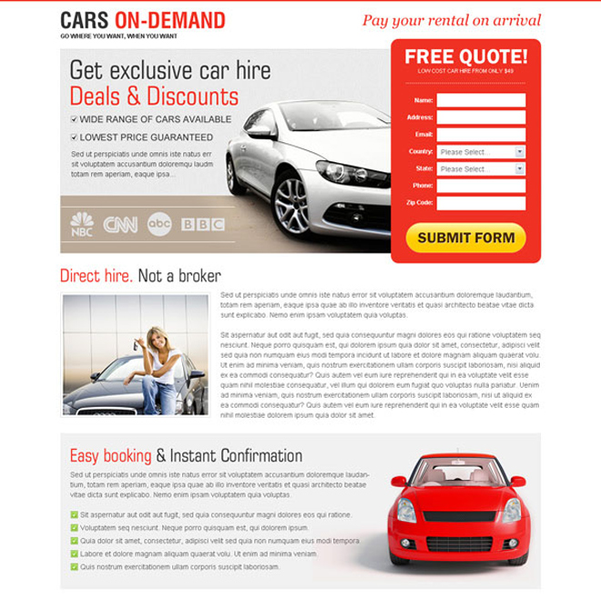 get exclusive car hire deals and discounts very attractive and converting lead capture landing page design