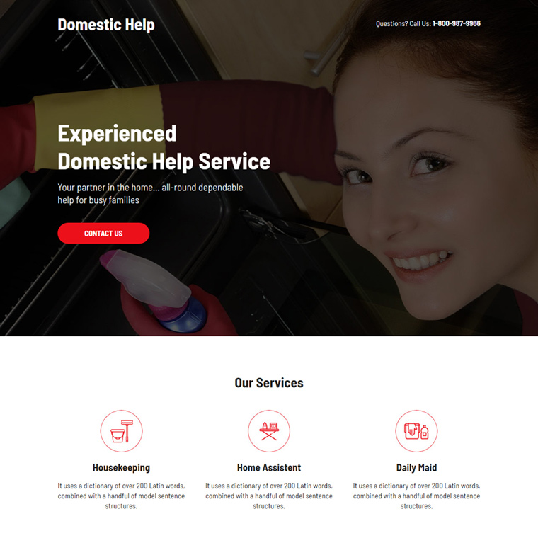 minimal domestic help service lead capture landing page Domestic Help example