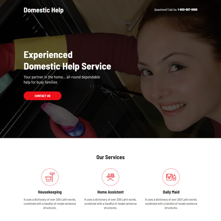 minimal domestic help service lead capture landing page