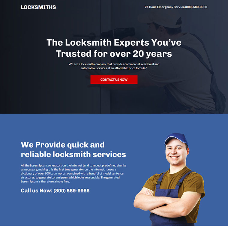 lock and key specialist lead capture responsive landing page design Locksmith example