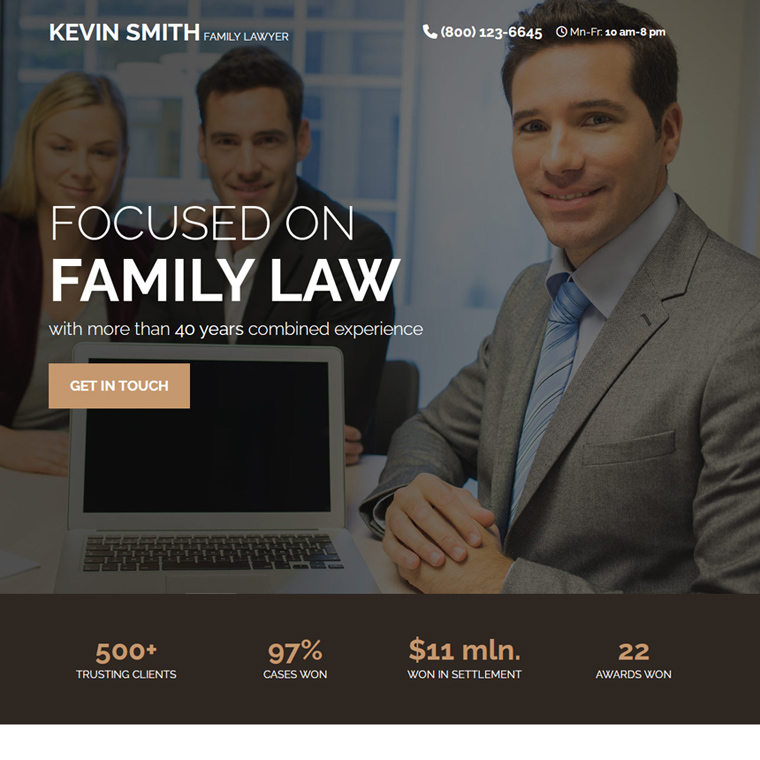 family lawyer lead capture responsive landing page Attorney and Law example