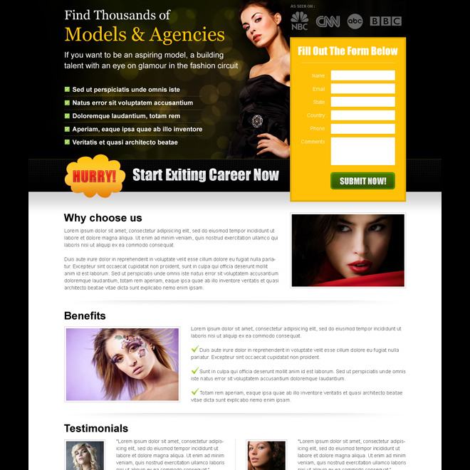 start exciting career in modeling now clean and effective splash page design Fashion and Modeling example