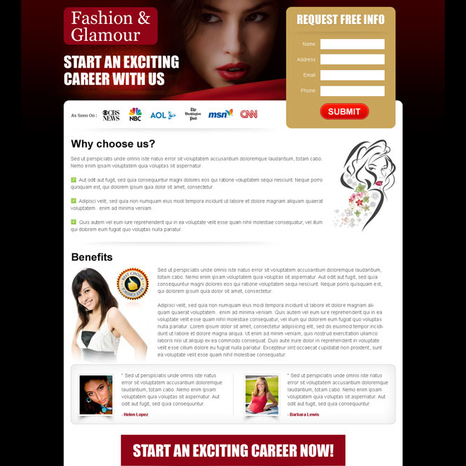 fashion and glamour lead gen landing page design to improve your conversion