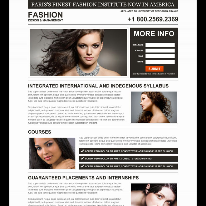 fashion institute minimal and clean lead generation landing page design