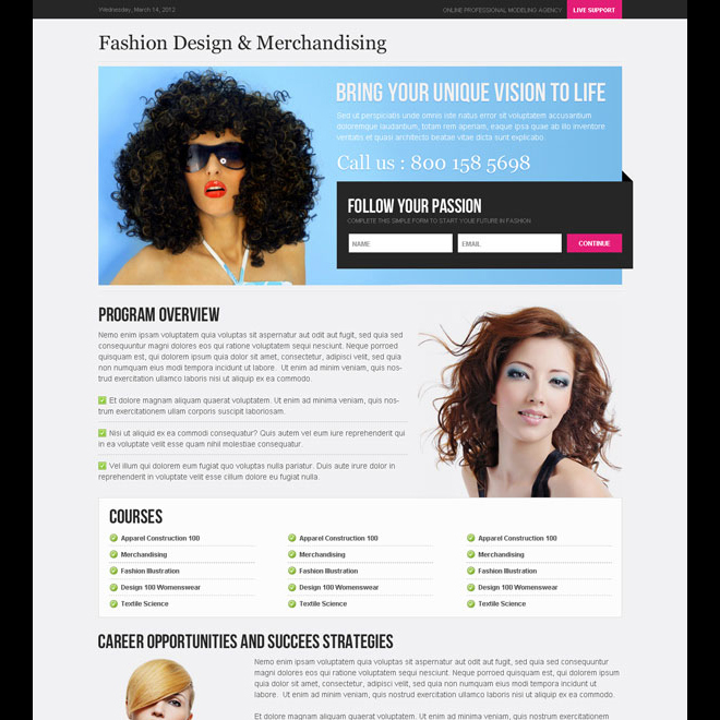 follow your passion optimized and converting small lead capture landing page design template Fashion and Modeling example