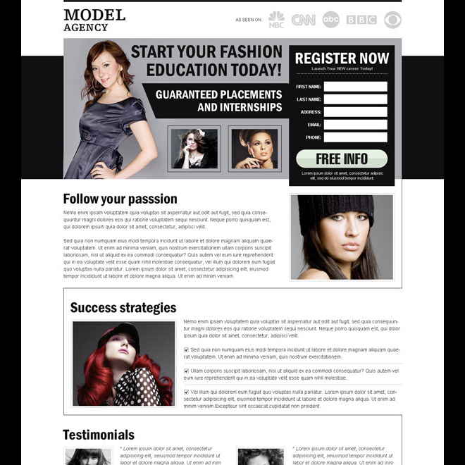 start your fashion education today effective converting and clean register now splash page design Fashion and Modeling example