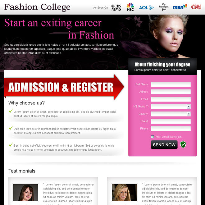 fashion and modeling lead capture landing page design template Fashion and Modeling example