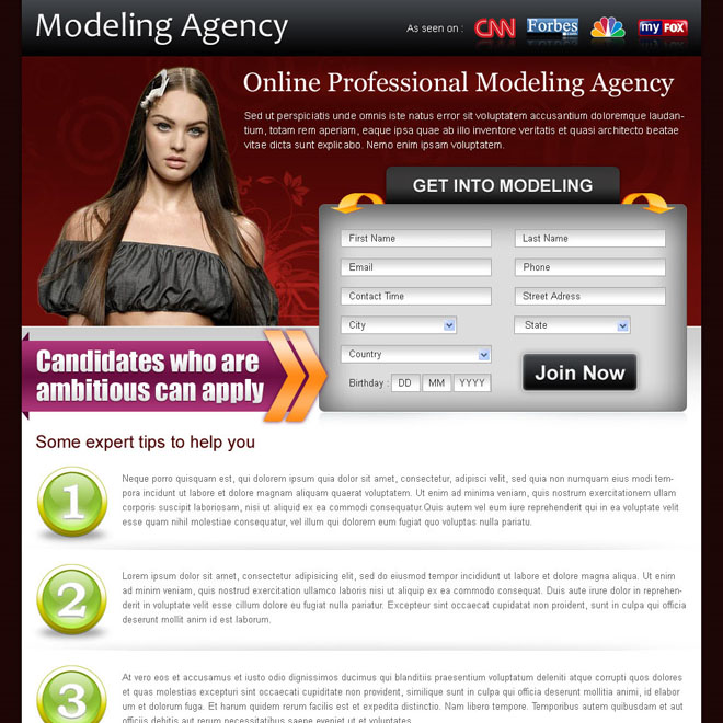 appealing modeling agency lead capture squeeze page template design Fashion and Modeling example