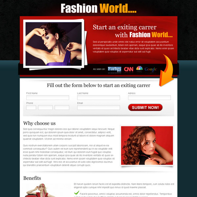 exciting career with fashion world lead capture landing page Fashion and Modeling example