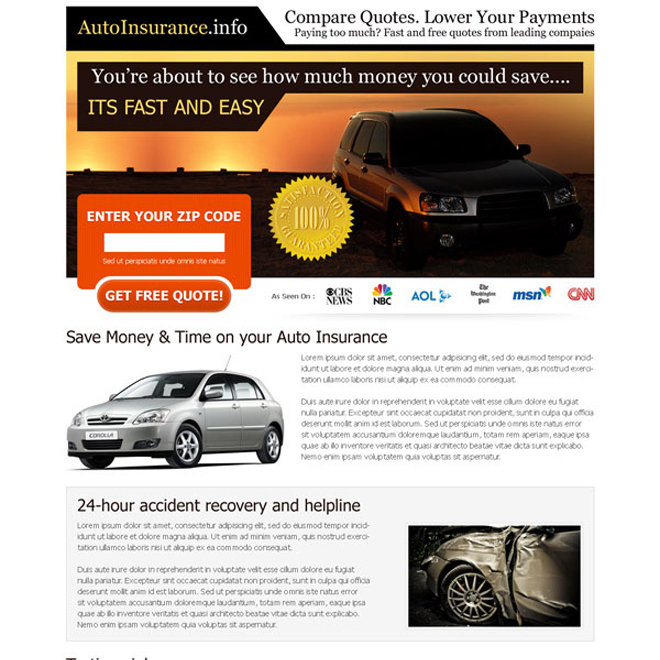 compare quotes lower your payments free quote lead capture squeeze page design Auto Insurance example