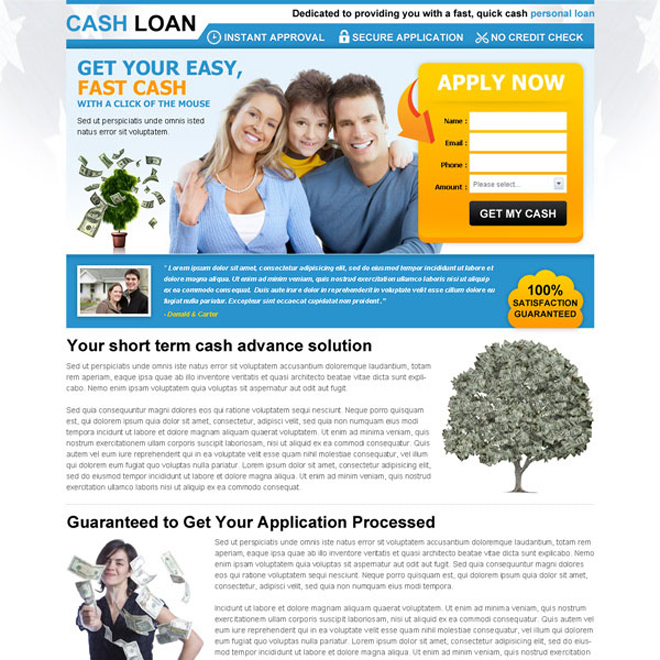 easy and fast cash loan lead capture squeeze page design