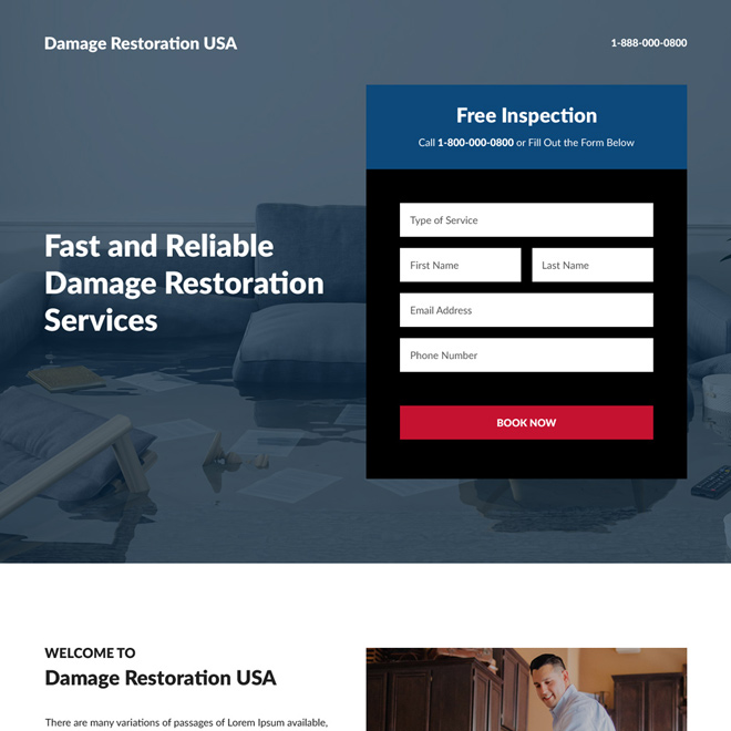 reliable damage restoration service free inspection responsive landing page