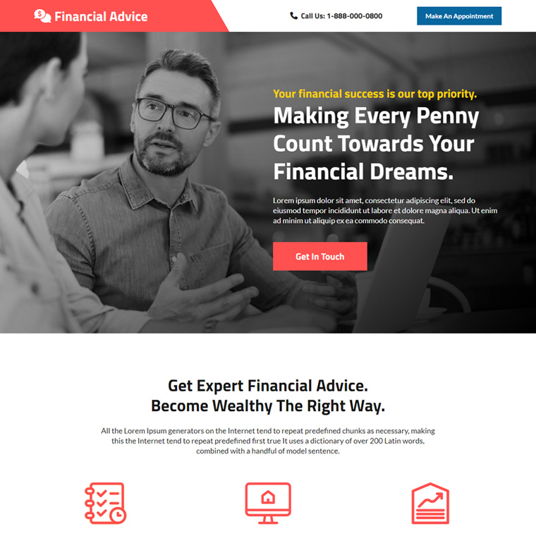 professional financial advisor responsive landing page design Business example
