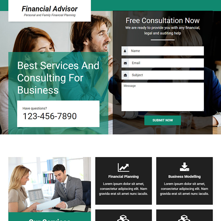 financial advisor lead capture landing page Business example