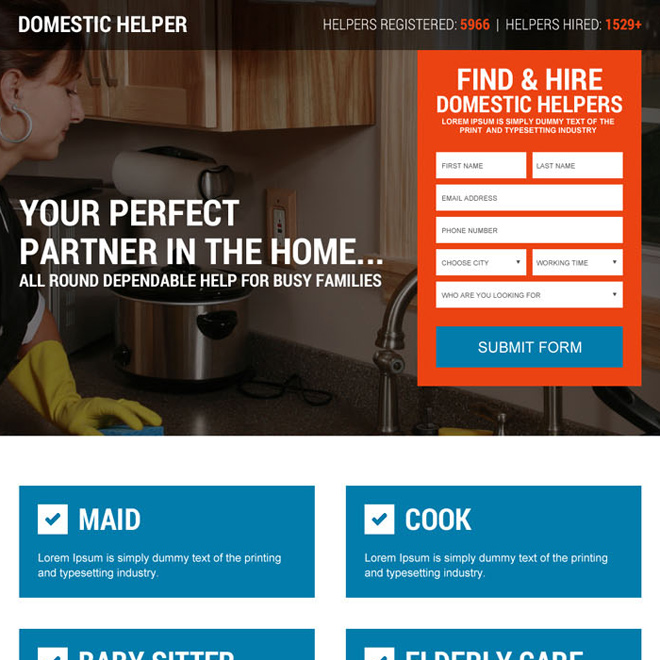 domestic help service lead form landing page design