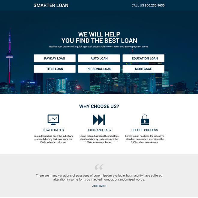 responsive and minimal loan landing page design