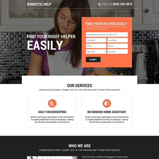 responsive domestic help lead capturing landing page design Domestic Help example