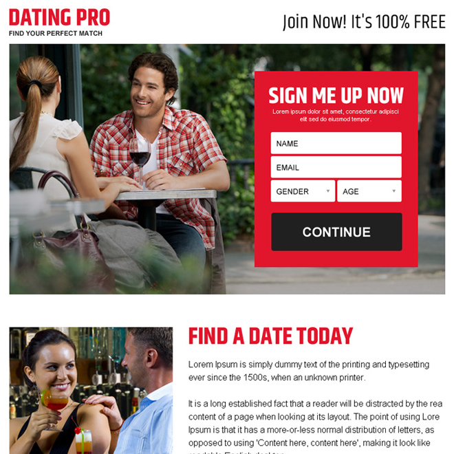 find your perfect match sign up lead capture ppv landing page design Dating example