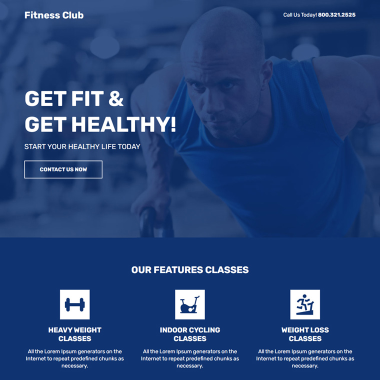 fitness training club landing page design Health and Fitness example