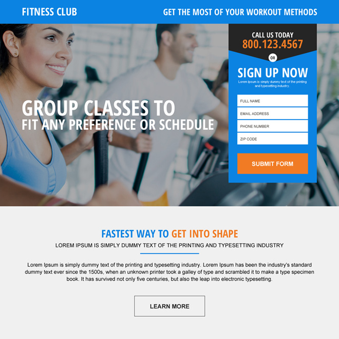 responsive fitness club lead gen landing page design Health and Fitness example