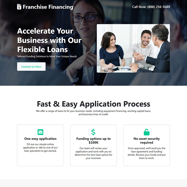 franchise financing lead capture responsive landing page Business Loan example
