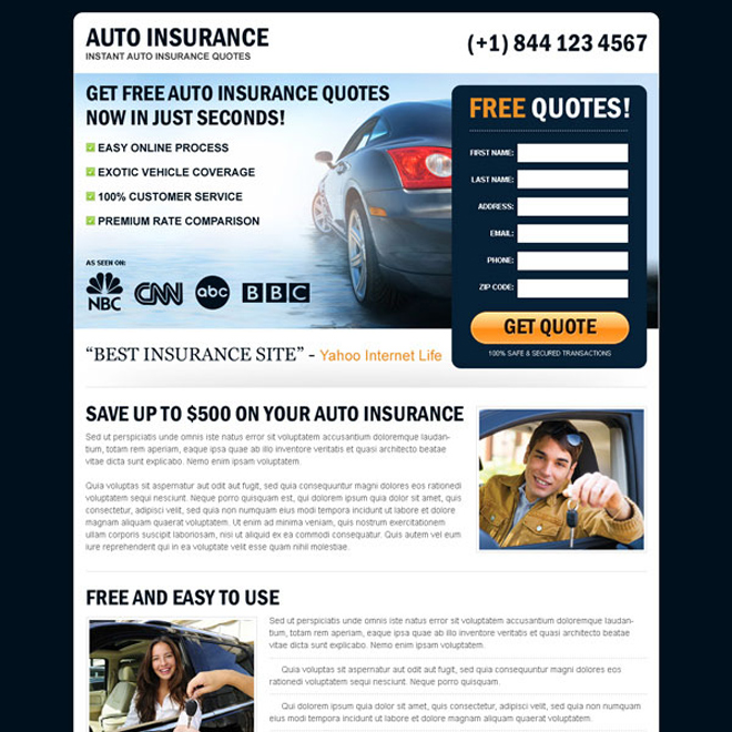 free auto insurance quotes in seconds appealing and converting landing page design Auto Insurance example