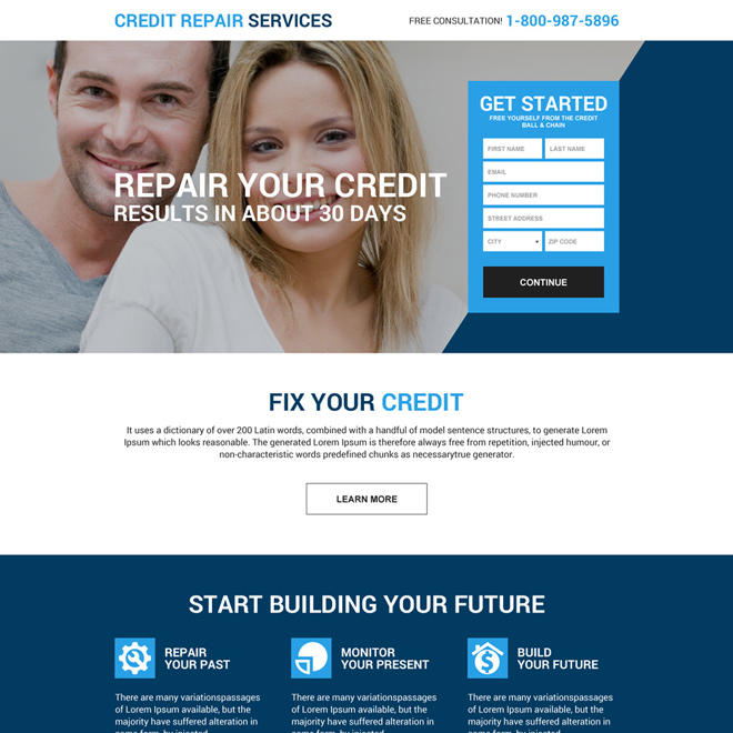 Credit repair services lead generating landing page