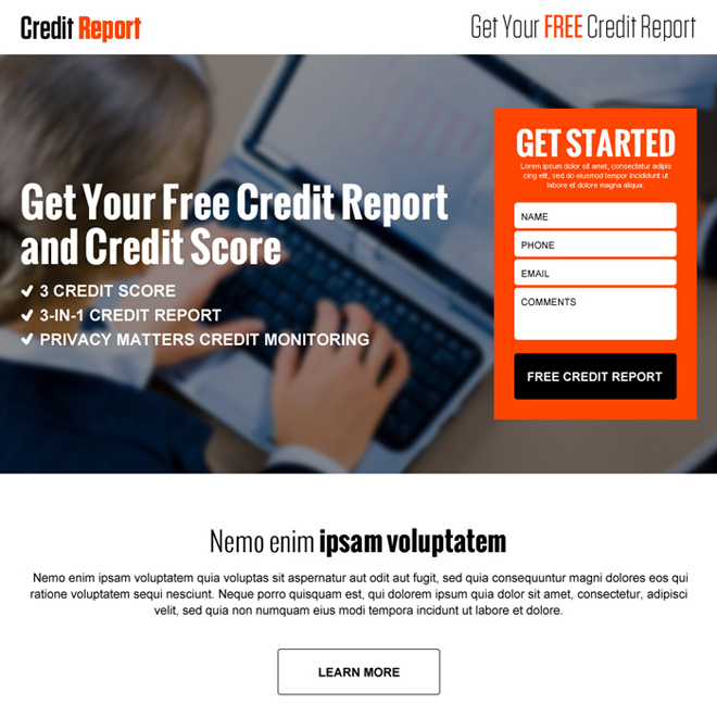 credit report landing page designs to capture leads and sales