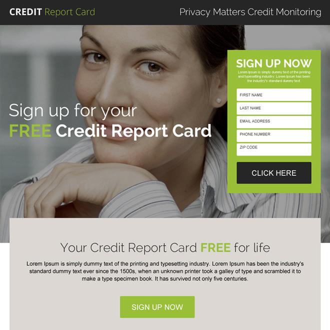 free credit report card sign up responsive landing page design Credit Report example