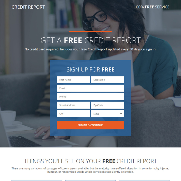 free credit report service lead capture responsive landing page Credit Report example