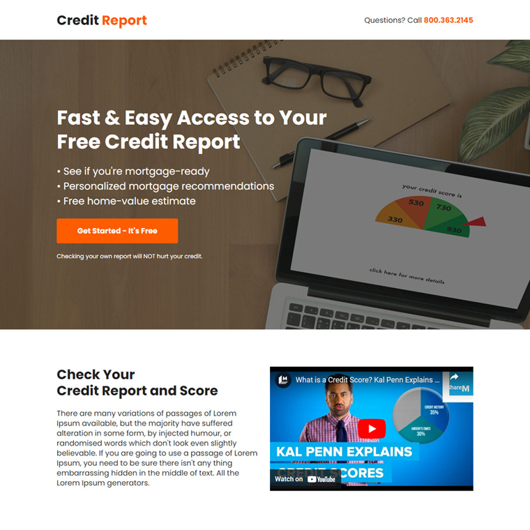 free credit report minimal landing page Credit Report example