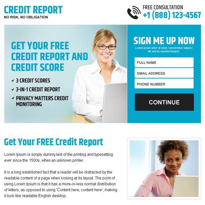 free credit report sign up lead capture ppv landing page Credit Report example