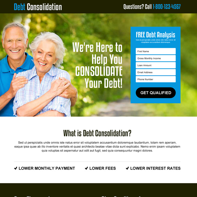 free debt analysis lead gen responsive landing page design template Debt example