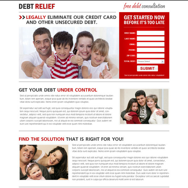 eliminate your credit card and other debt appealing and attractive lead capture landing page design Debt example