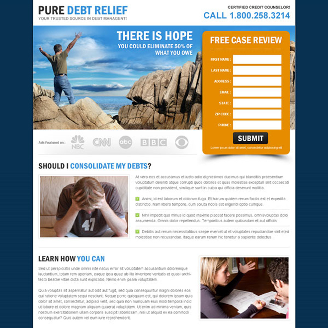 pure debt relief highly converting and appealing landing page design to maximize your revenue Debt example