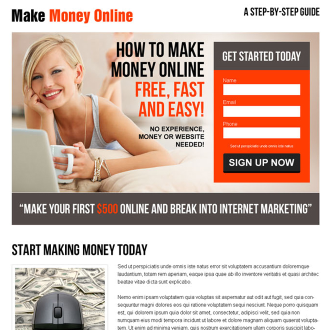 converting lead capture responsive landing page design for make money online business Make Money Online example