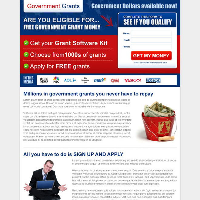 free government grant money small lead capture landing page template Government Grants example