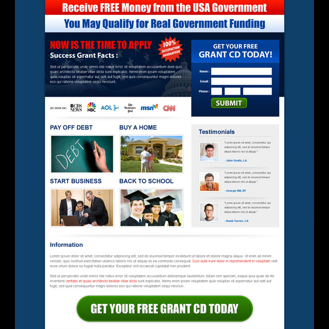 receive free money from the usa government squeeze page design