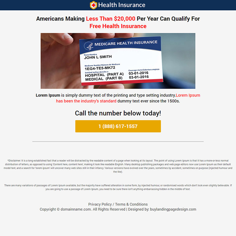 health insurance service phone call capturing landing page Health Insurance example