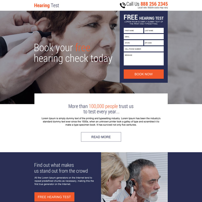 free hearing test online free quote responsive landing page Hearing Solutions example