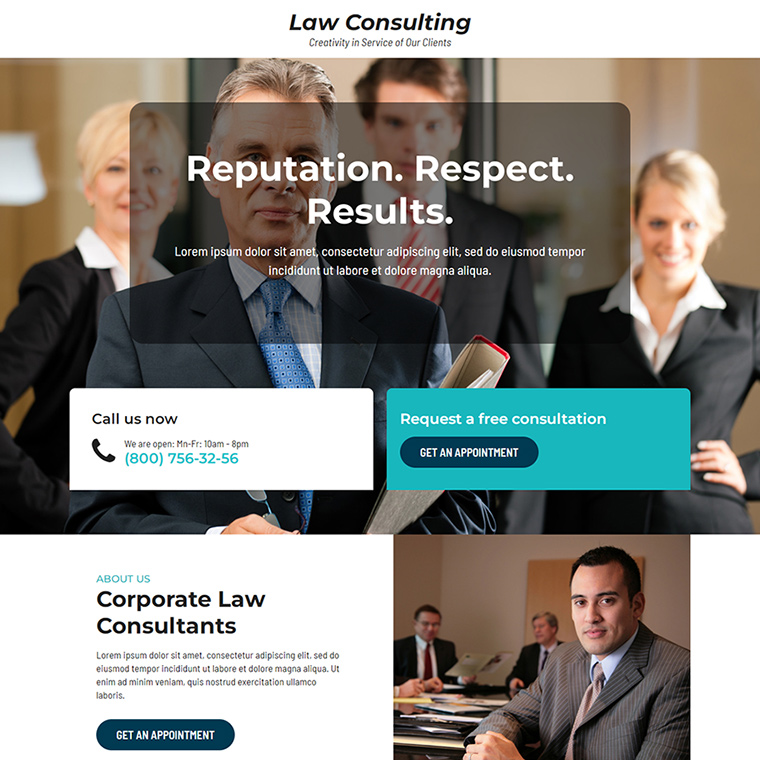 corporate law consultancy responsive landing page Attorney and Law example