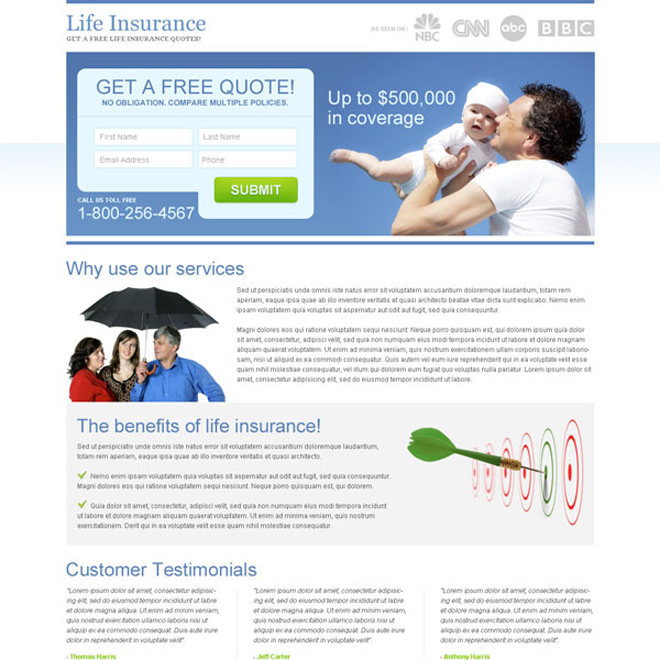 clean life insurance lead capture squeeze page design Life Insurance example